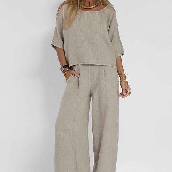 Femme Ensemble Deux Pièces Oversize col Rond Manches Trois-Quarts et Pantalon Large