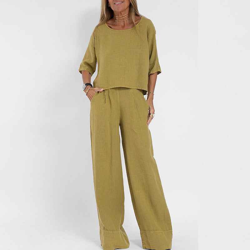 Femme Ensemble Deux Pièces Oversize col Rond Manches Trois-Quarts et Pantalon Large