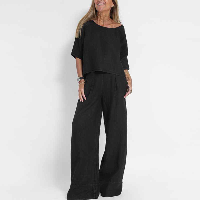 Femme Ensemble Deux Pièces Oversize col Rond Manches Trois-Quarts et Pantalon Large