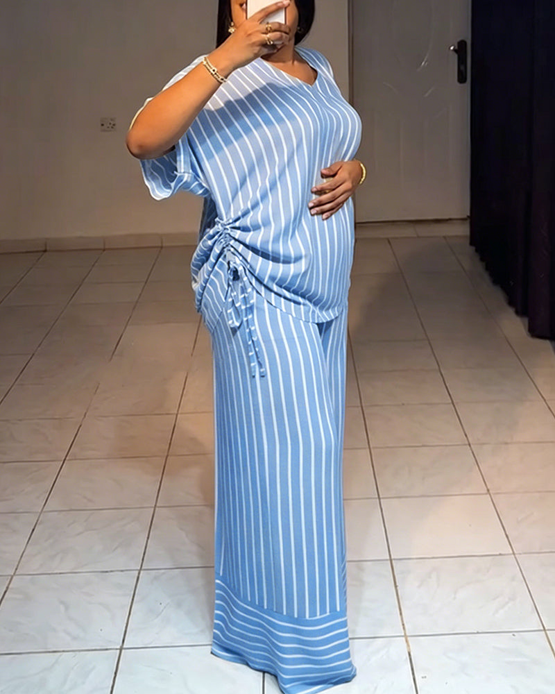 Femme Ensemble Deux Pièces Rayé à Col en V avec Top Manches Courtes à Fronces et Pantalon Large
