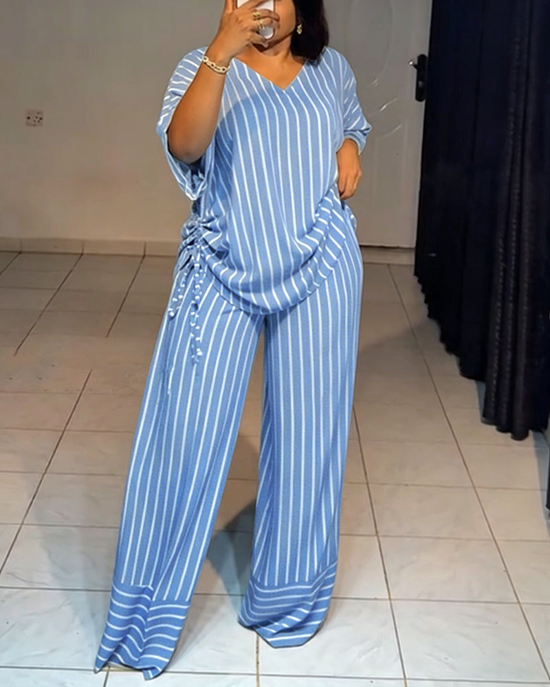 Femme Ensemble Deux Pièces Rayé à Col en V avec Top Manches Courtes à Fronces et Pantalon Large
