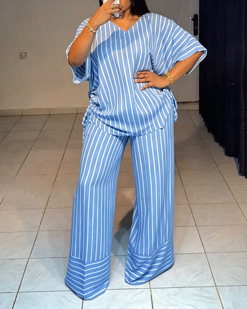Femme Ensemble Deux Pièces Rayé à Col en V avec Top Manches Courtes à Fronces et Pantalon Large