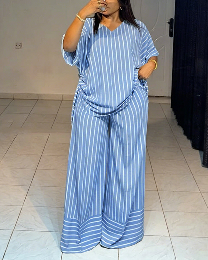 Femme Ensemble Deux Pièces Rayé à Col en V avec Top Manches Courtes à Fronces et Pantalon Large
