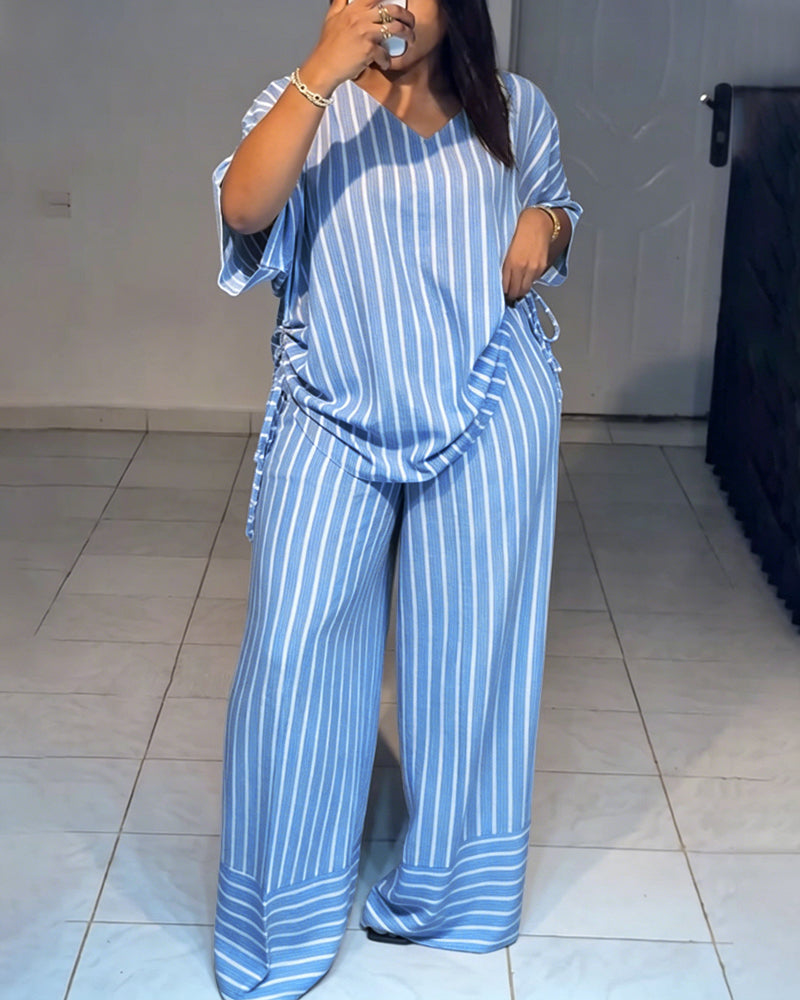 Femme Ensemble Deux Pièces Rayé à Col en V avec Top Manches Courtes à Fronces et Pantalon Large