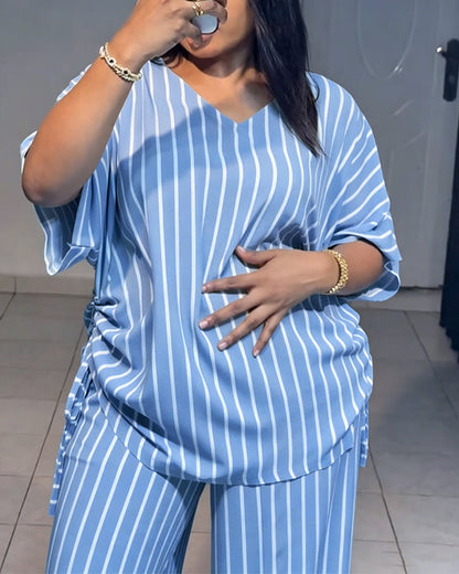 Femme Ensemble Deux Pièces Rayé à Col en V avec Top Manches Courtes à Fronces et Pantalon Large