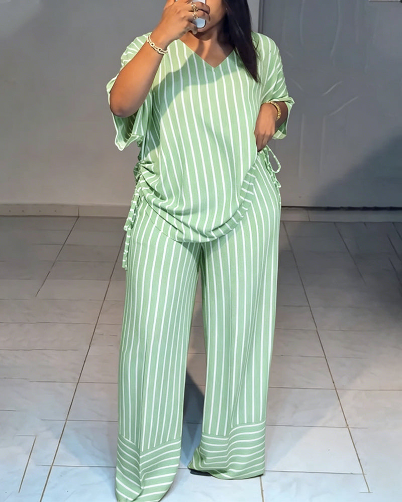 Femme Ensemble Deux Pièces Rayé à Col en V avec Top Manches Courtes à Fronces et Pantalon Large