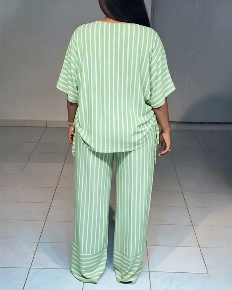 Femme Ensemble Deux Pièces Rayé à Col en V avec Top Manches Courtes à Fronces et Pantalon Large