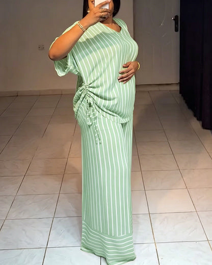 Femme Ensemble Deux Pièces Rayé à Col en V avec Top Manches Courtes à Fronces et Pantalon Large