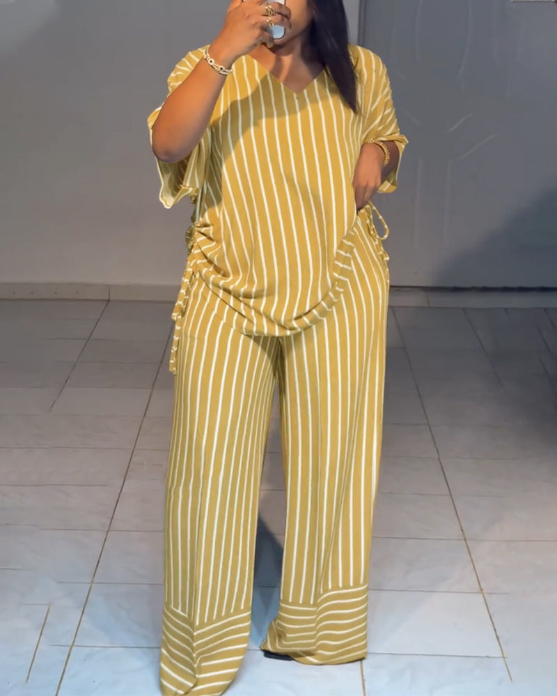Femme Ensemble Deux Pièces Rayé à Col en V avec Top Manches Courtes à Fronces et Pantalon Large