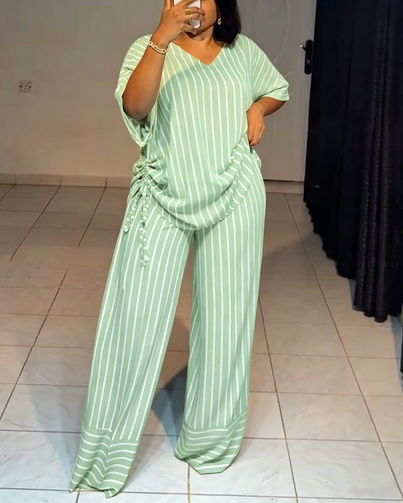 Femme Ensemble Deux Pièces Rayé à Col en V avec Top Manches Courtes à Fronces et Pantalon Large