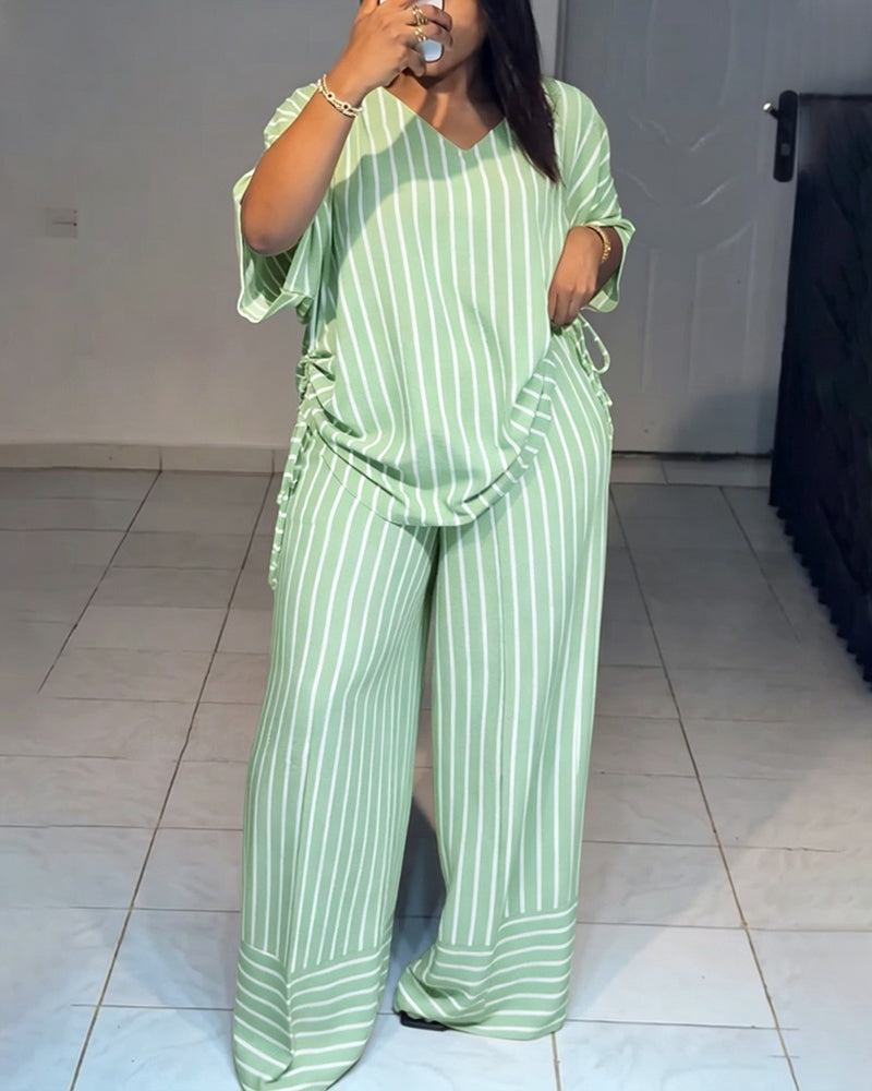 Femme Ensemble Deux Pièces Rayé à Col en V avec Top Manches Courtes à Fronces et Pantalon Large