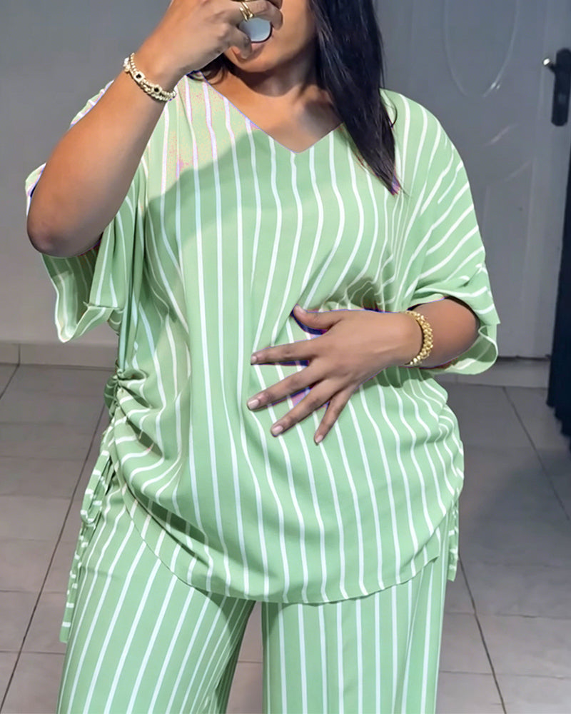 Femme Ensemble Deux Pièces Rayé à Col en V avec Top Manches Courtes à Fronces et Pantalon Large