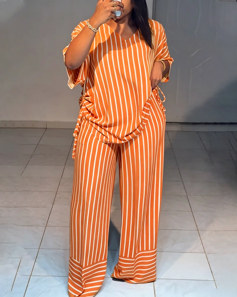 Femme Ensemble Deux Pièces Rayé à Col en V avec Top Manches Courtes à Fronces et Pantalon Large