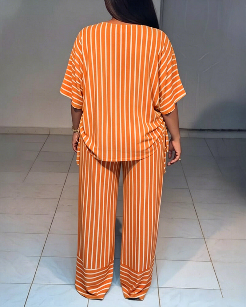 Femme Ensemble Deux Pièces Rayé à Col en V avec Top Manches Courtes à Fronces et Pantalon Large