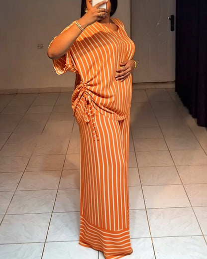Femme Ensemble Deux Pièces Rayé à Col en V avec Top Manches Courtes à Fronces et Pantalon Large