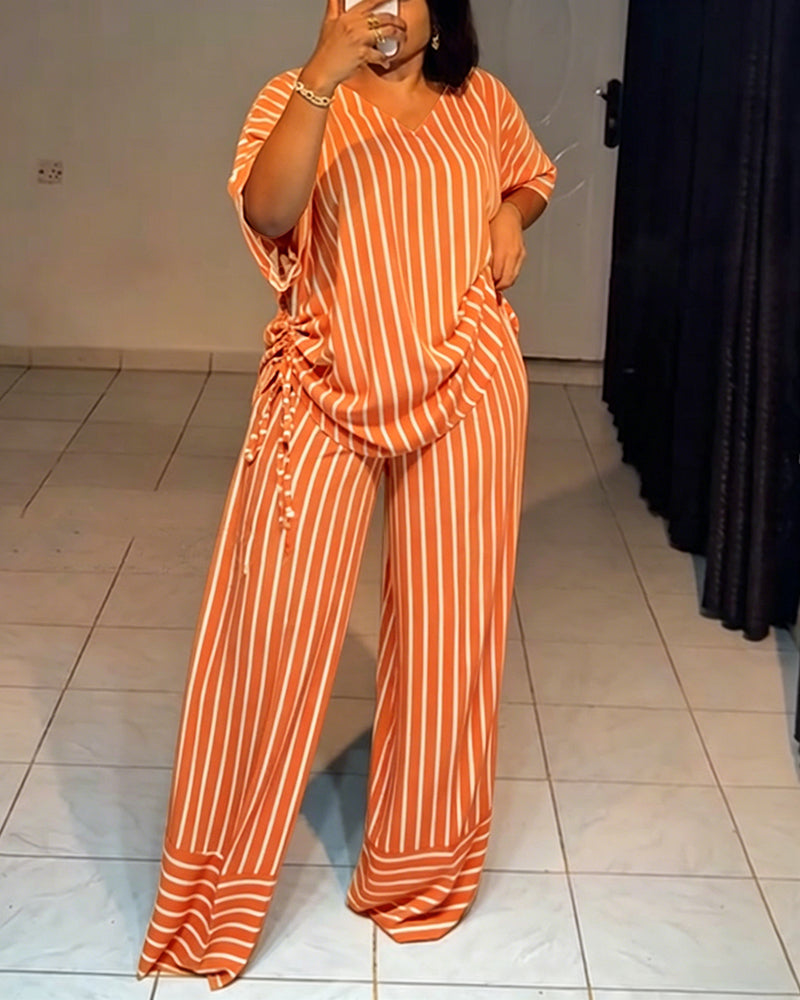 Femme Ensemble Deux Pièces Rayé à Col en V avec Top Manches Courtes à Fronces et Pantalon Large