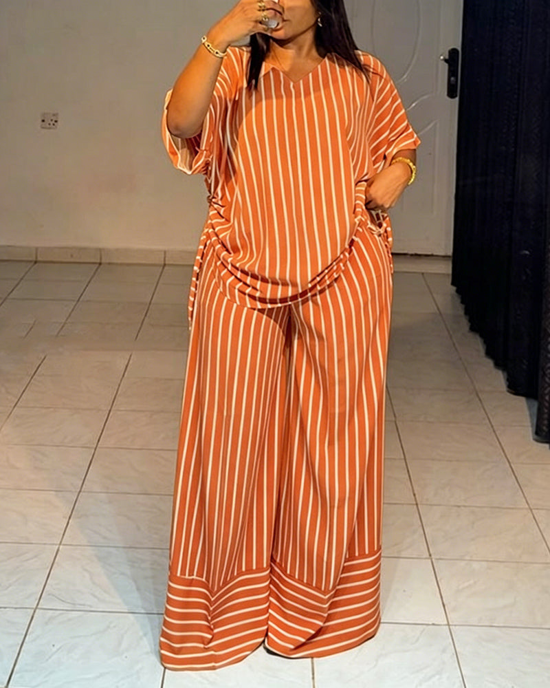 Femme Ensemble Deux Pièces Rayé à Col en V avec Top Manches Courtes à Fronces et Pantalon Large