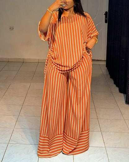 Femme Ensemble Deux Pièces Rayé à Col en V avec Top Manches Courtes à Fronces et Pantalon Large