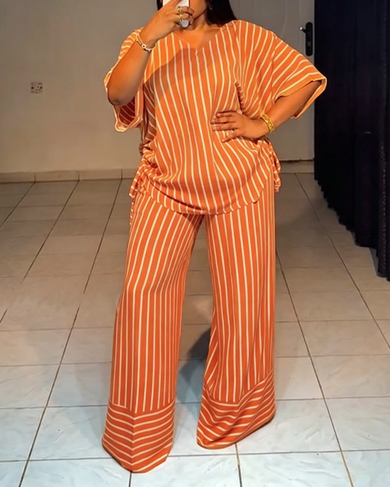 Femme Ensemble Deux Pièces Rayé à Col en V avec Top Manches Courtes à Fronces et Pantalon Large