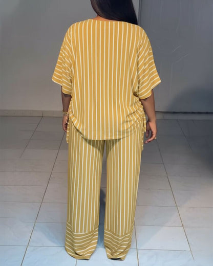Femme Ensemble Deux Pièces Rayé à Col en V avec Top Manches Courtes à Fronces et Pantalon Large
