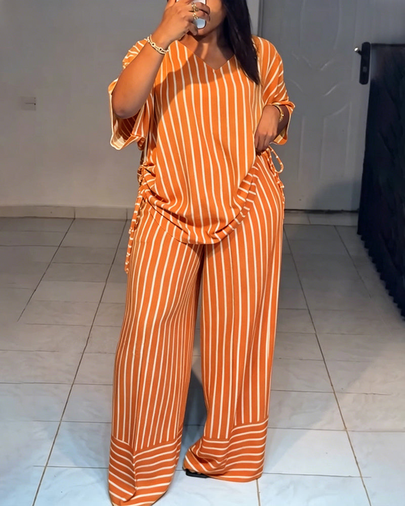 Femme Ensemble Deux Pièces Rayé à Col en V avec Top Manches Courtes à Fronces et Pantalon Large