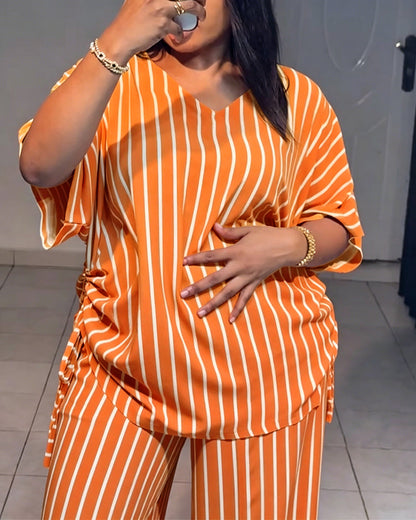 Femme Ensemble Deux Pièces Rayé à Col en V avec Top Manches Courtes à Fronces et Pantalon Large