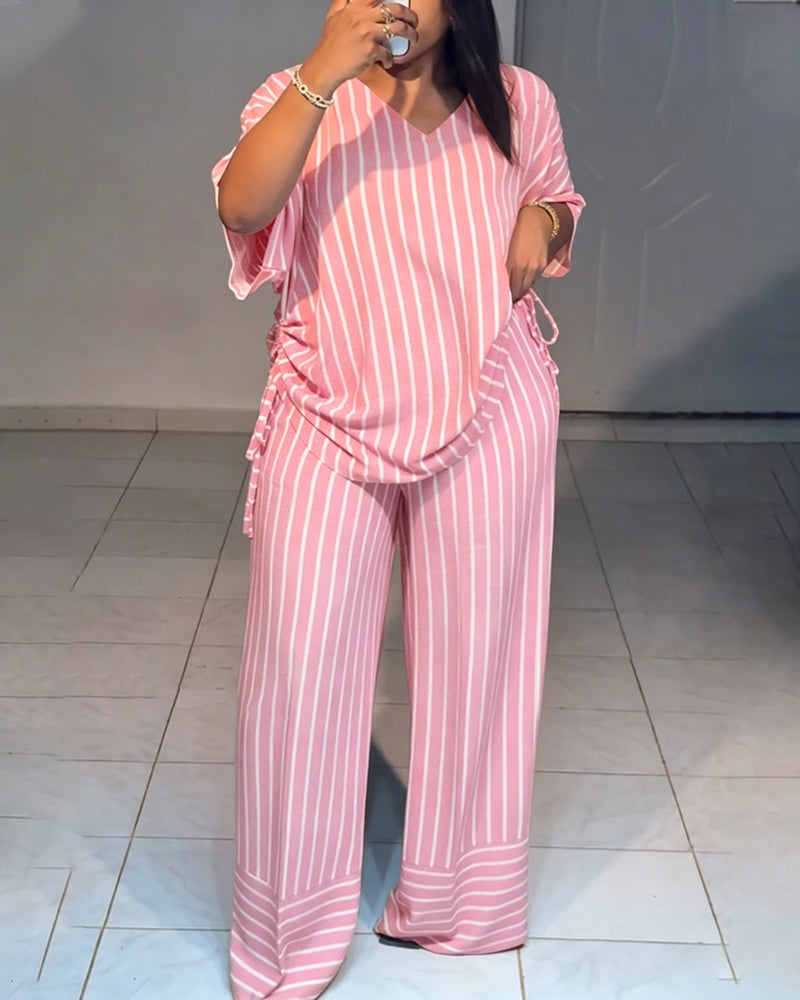 Femme Ensemble Deux Pièces Rayé à Col en V avec Top Manches Courtes à Fronces et Pantalon Large