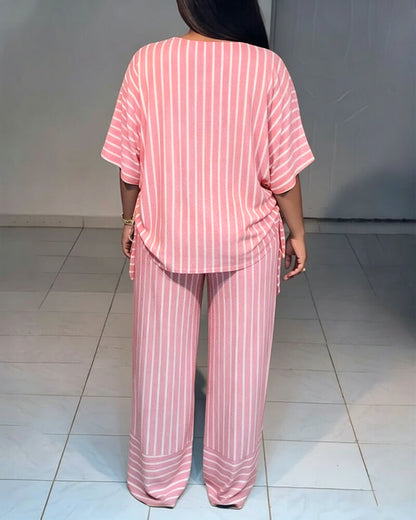 Femme Ensemble Deux Pièces Rayé à Col en V avec Top Manches Courtes à Fronces et Pantalon Large