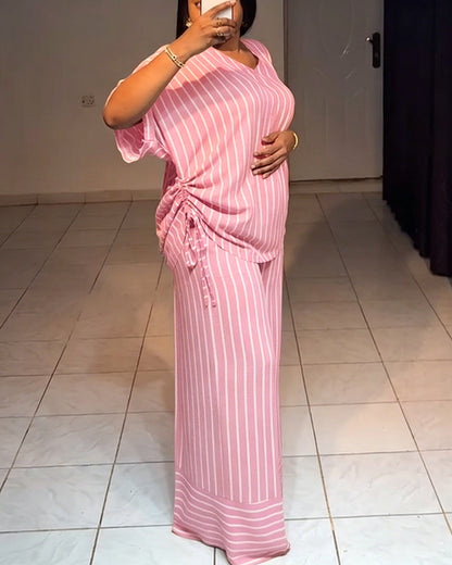 Femme Ensemble Deux Pièces Rayé à Col en V avec Top Manches Courtes à Fronces et Pantalon Large