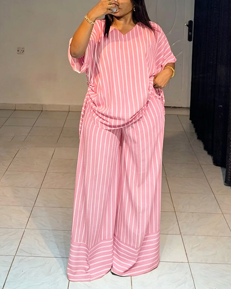 Femme Ensemble Deux Pièces Rayé à Col en V avec Top Manches Courtes à Fronces et Pantalon Large