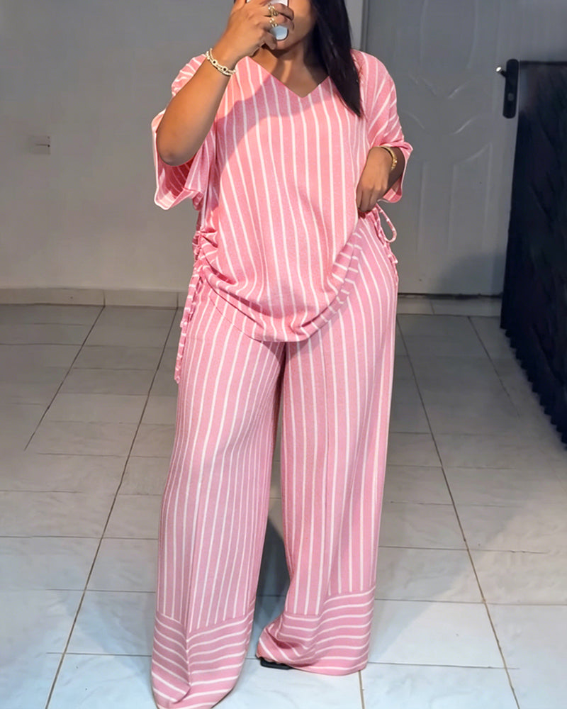 Femme Ensemble Deux Pièces Rayé à Col en V avec Top Manches Courtes à Fronces et Pantalon Large