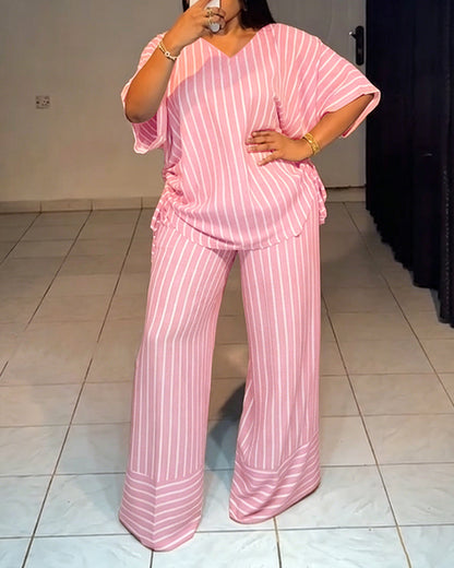 Femme Ensemble Deux Pièces Rayé à Col en V avec Top Manches Courtes à Fronces et Pantalon Large
