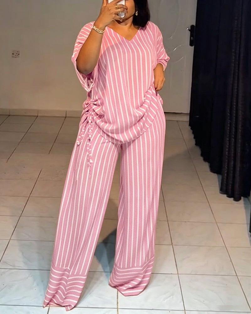 Femme Ensemble Deux Pièces Rayé à Col en V avec Top Manches Courtes à Fronces et Pantalon Large