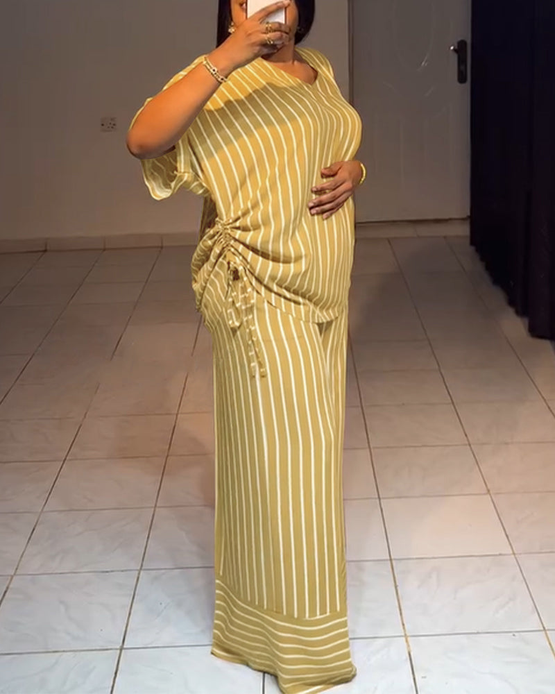 Femme Ensemble Deux Pièces Rayé à Col en V avec Top Manches Courtes à Fronces et Pantalon Large
