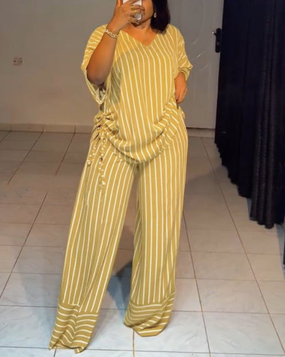 Femme Ensemble Deux Pièces Rayé à Col en V avec Top Manches Courtes à Fronces et Pantalon Large