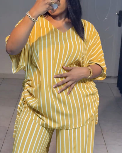 Femme Ensemble Deux Pièces Rayé à Col en V avec Top Manches Courtes à Fronces et Pantalon Large