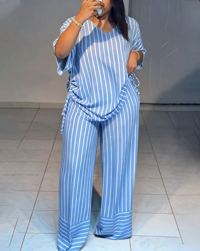 Femme Ensemble Deux Pièces Rayé à Col en V avec Top Manches Courtes à Fronces et Pantalon Large