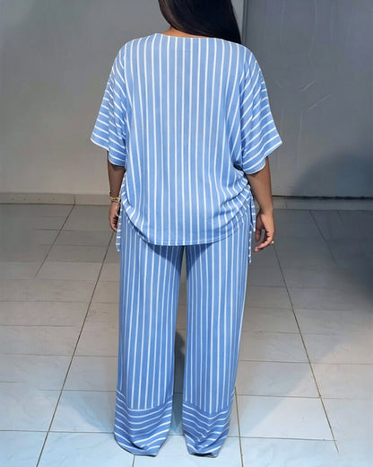 Femme Ensemble Deux Pièces Rayé à Col en V avec Top Manches Courtes à Fronces et Pantalon Large
