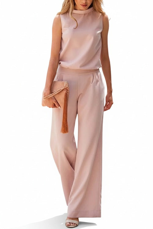 Femme Ensemble Deux-Pièces Sans Manches avec Col Montant et Pantalon Large