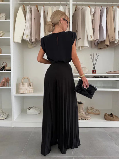 Femme Ensemble Deux Pièces Sans Manches avec Pantalon Plissé Large et Col Rond