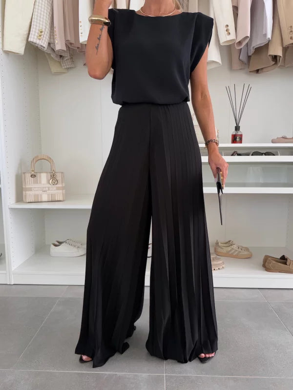 Femme Ensemble Deux Pièces Sans Manches avec Pantalon Plissé Large et Col Rond