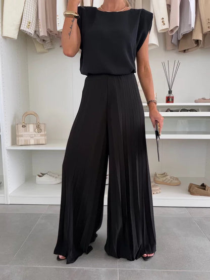 Femme Ensemble Deux Pièces Sans Manches avec Pantalon Plissé Large et Col Rond