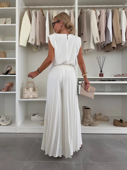 Femme Ensemble Deux Pièces Sans Manches avec Pantalon Plissé Large et Col Rond
