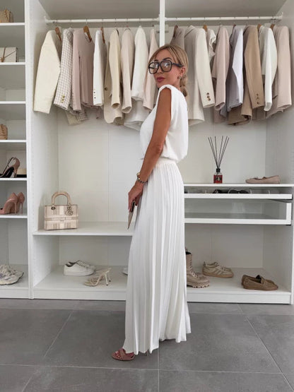 Femme Ensemble Deux Pièces Sans Manches avec Pantalon Plissé Large et Col Rond