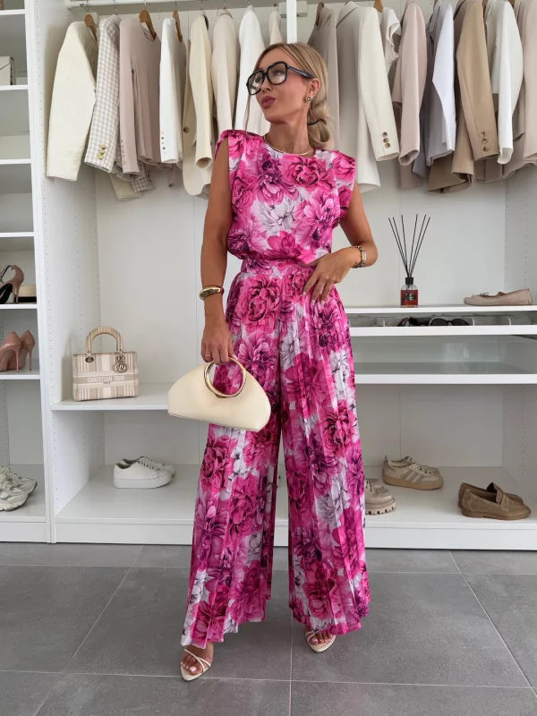Femme Ensemble Deux Pièces Sans Manches avec Pantalon Plissé Large et Col Rond