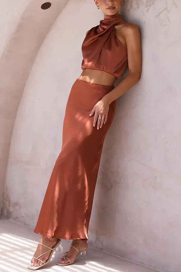 Femme Ensemble Deux Pièces Top Halter col Drapé et Jupe Longue
