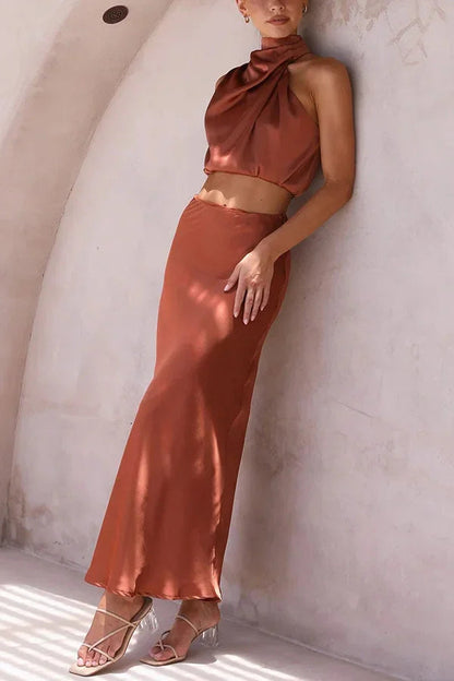 Femme Ensemble Deux Pièces Top Halter col Drapé et Jupe Longue
