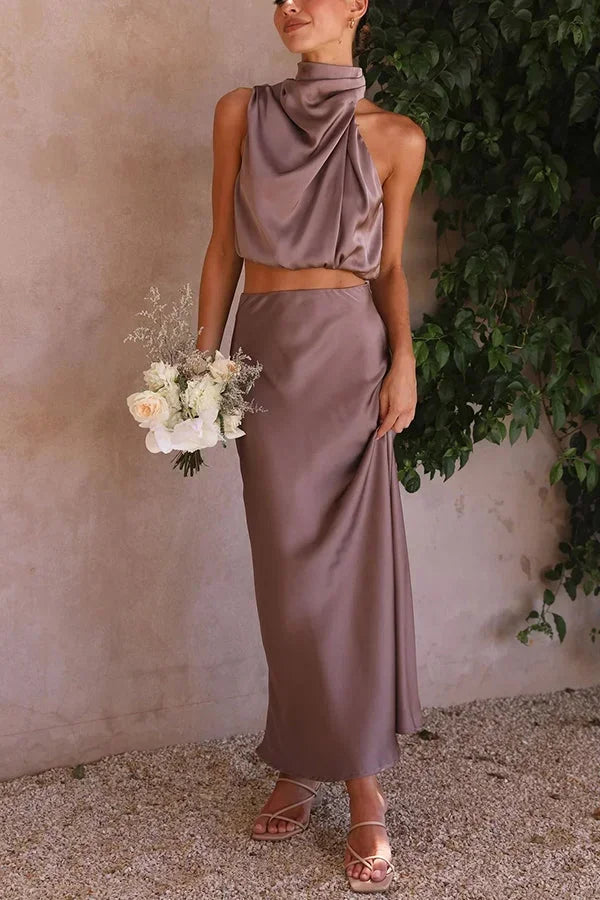 Femme Ensemble Deux Pièces Top Halter col Drapé et Jupe Longue