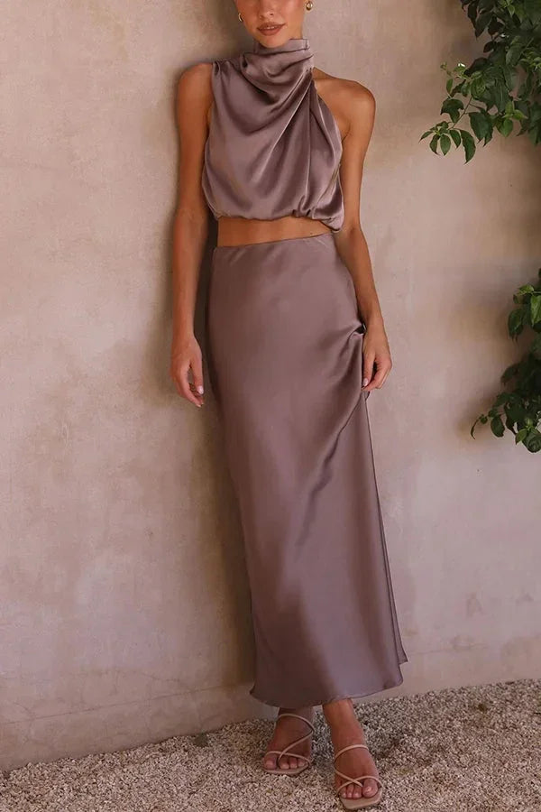 Femme Ensemble Deux Pièces Top Halter col Drapé et Jupe Longue