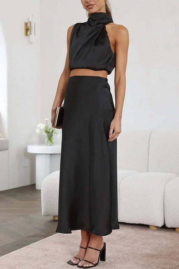 Femme Ensemble Deux Pièces Top Halter col Drapé et Jupe Longue